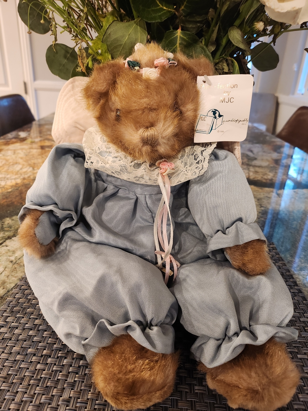 MJC Brown Plush Bear in Light Blue Romper with Lace Collar